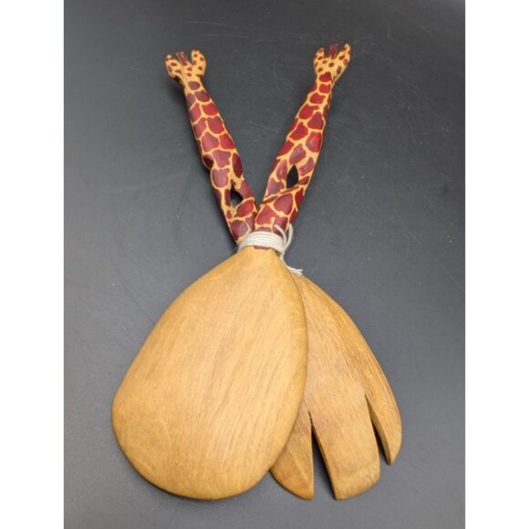 Giraffe Salad Serving Set African Hand Carved Wooden Large Fork and Spoon 12" - Picture 7 of 9